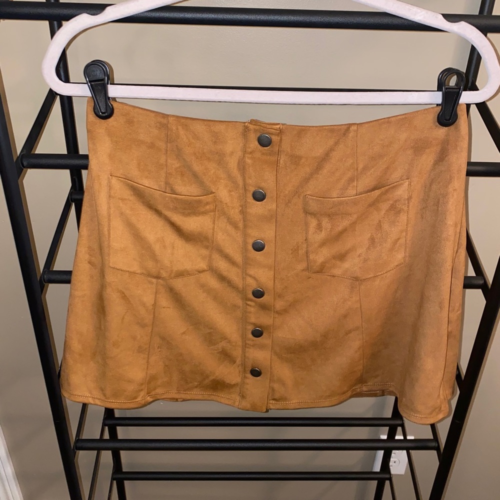 A Line Snap Front Suede Mini Skirt